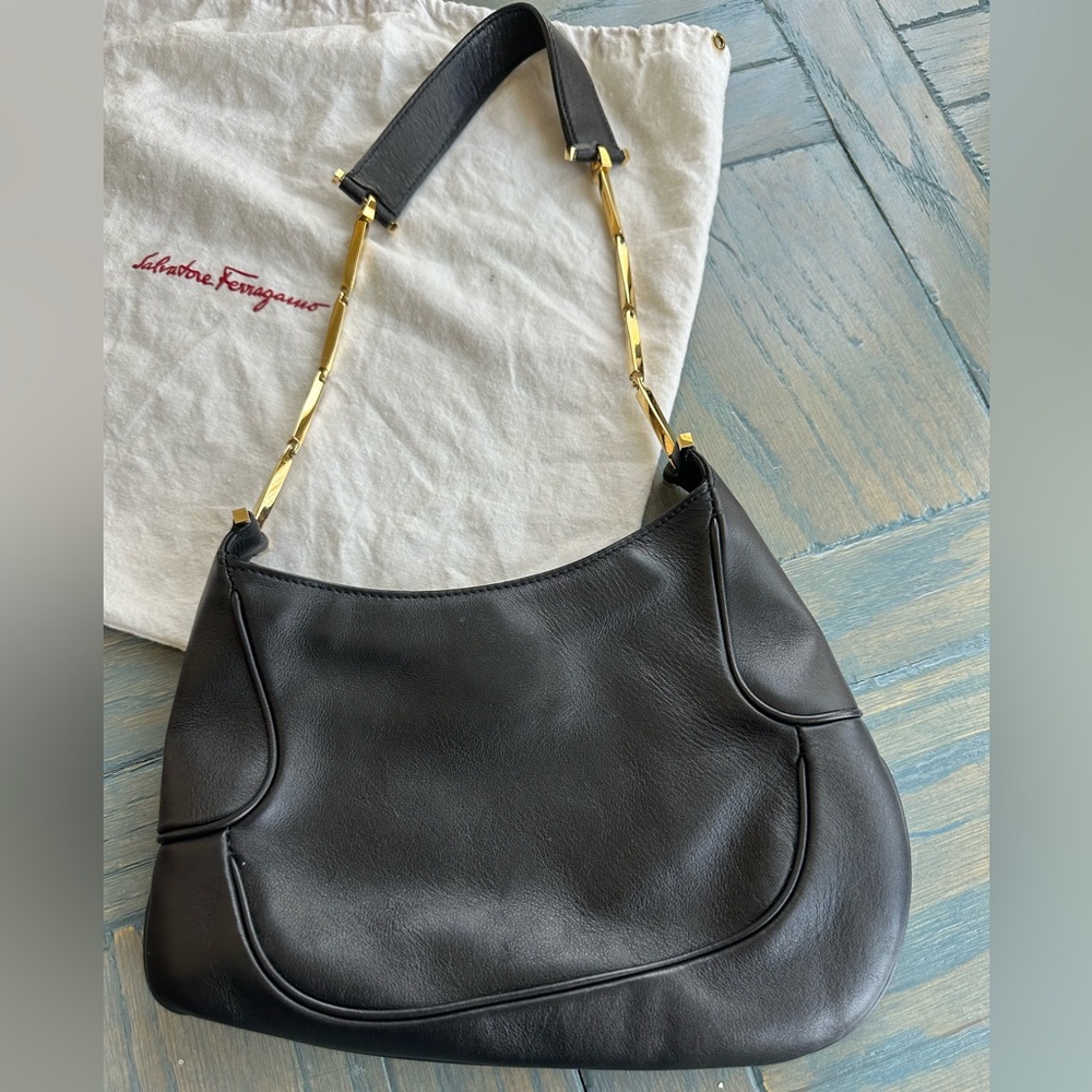 Salvatore Ferragamo Black Leather Shoulder Bag with Gold Accent Shoulder Strap